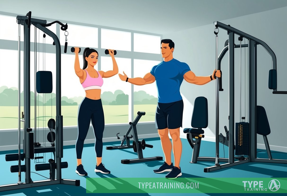 A personal trainer leads a client through a variety of exercises in a spacious, well-equipped home gym. The trainer adjusts equipment and provides personalized instruction