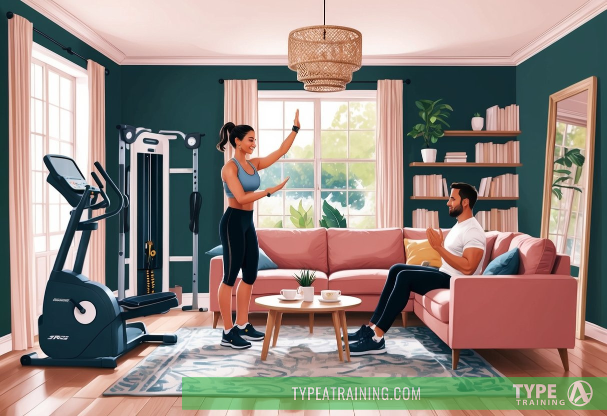A cozy living room with exercise equipment, natural light, and a personal trainer guiding a client through a workout