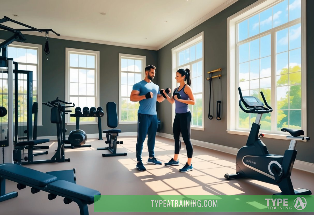 A personal trainer working one-on-one with a client in a spacious, well-equipped home gym, with natural light streaming in from large windows