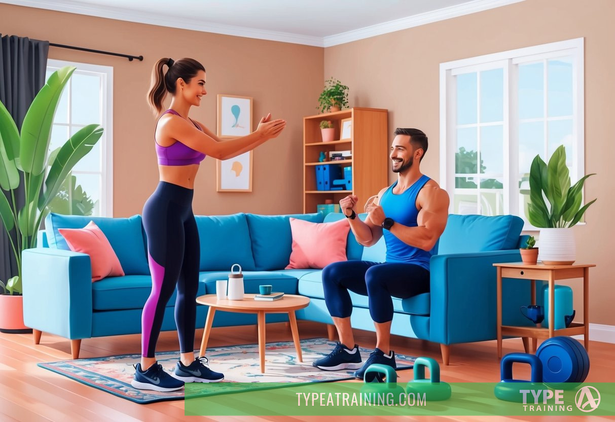 A cozy living room with a personal trainer guiding a client through exercises, surrounded by home workout equipment and safety precautions