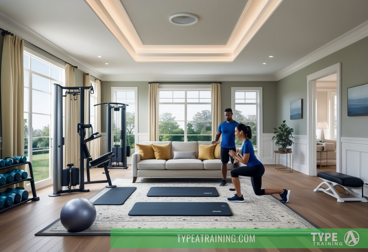 A spacious, well-lit living room with exercise equipment, mats, and a personal trainer guiding a client through a workout