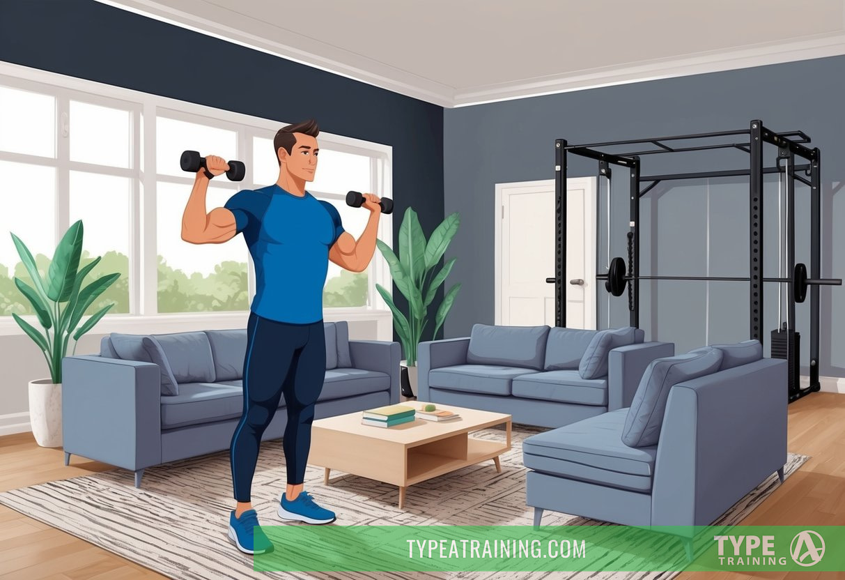 An in-home personal trainer demonstrating exercises in a living room, while a big box gym sits empty in the background