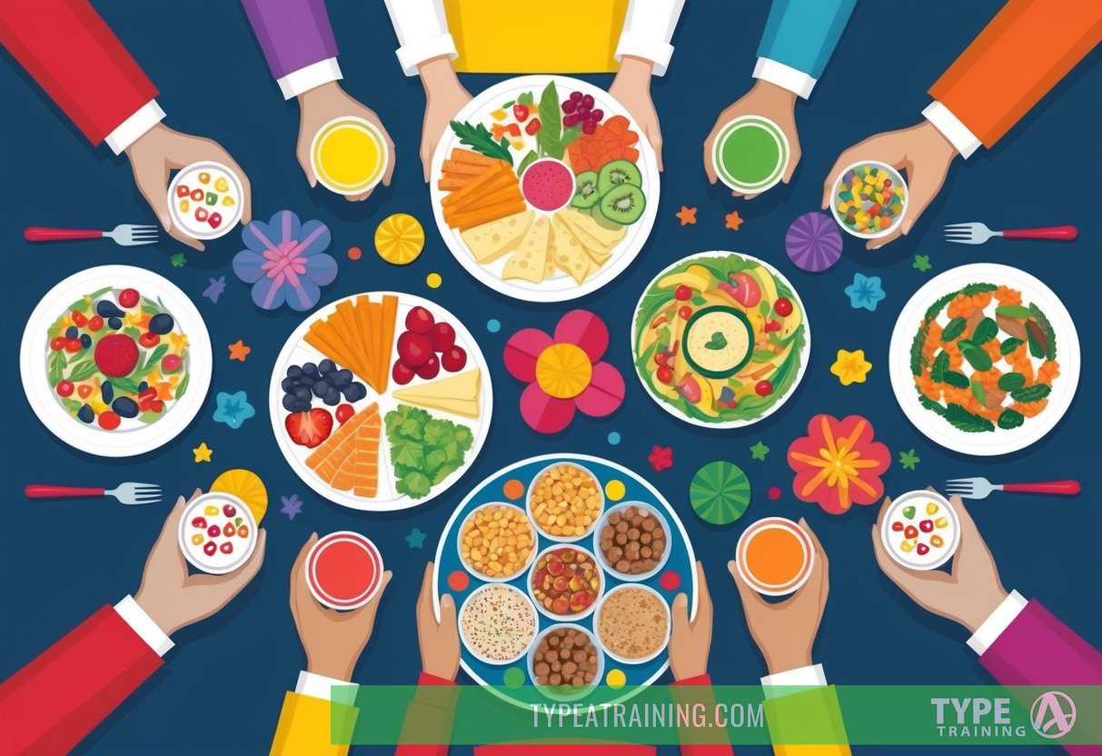 A festive table with colorful, nutrient-rich foods surrounded by cheerful decorations and a plate of portioned treats