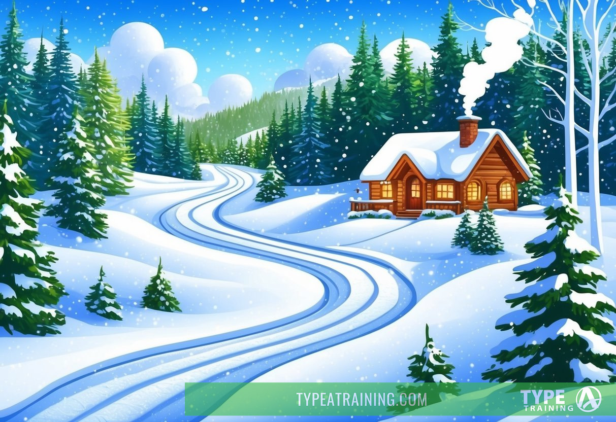 A colorful illustration of a winter landscape with a snow-covered forest, a winding trail for walking or skiing, and a cozy cabin with smoke rising from the chimney