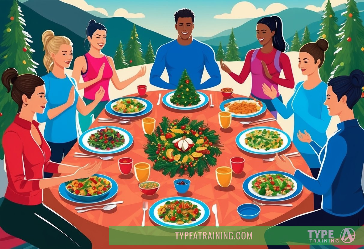 A festive table with colorful, healthy holiday dishes surrounded by people engaged in physical activities like hiking or yoga