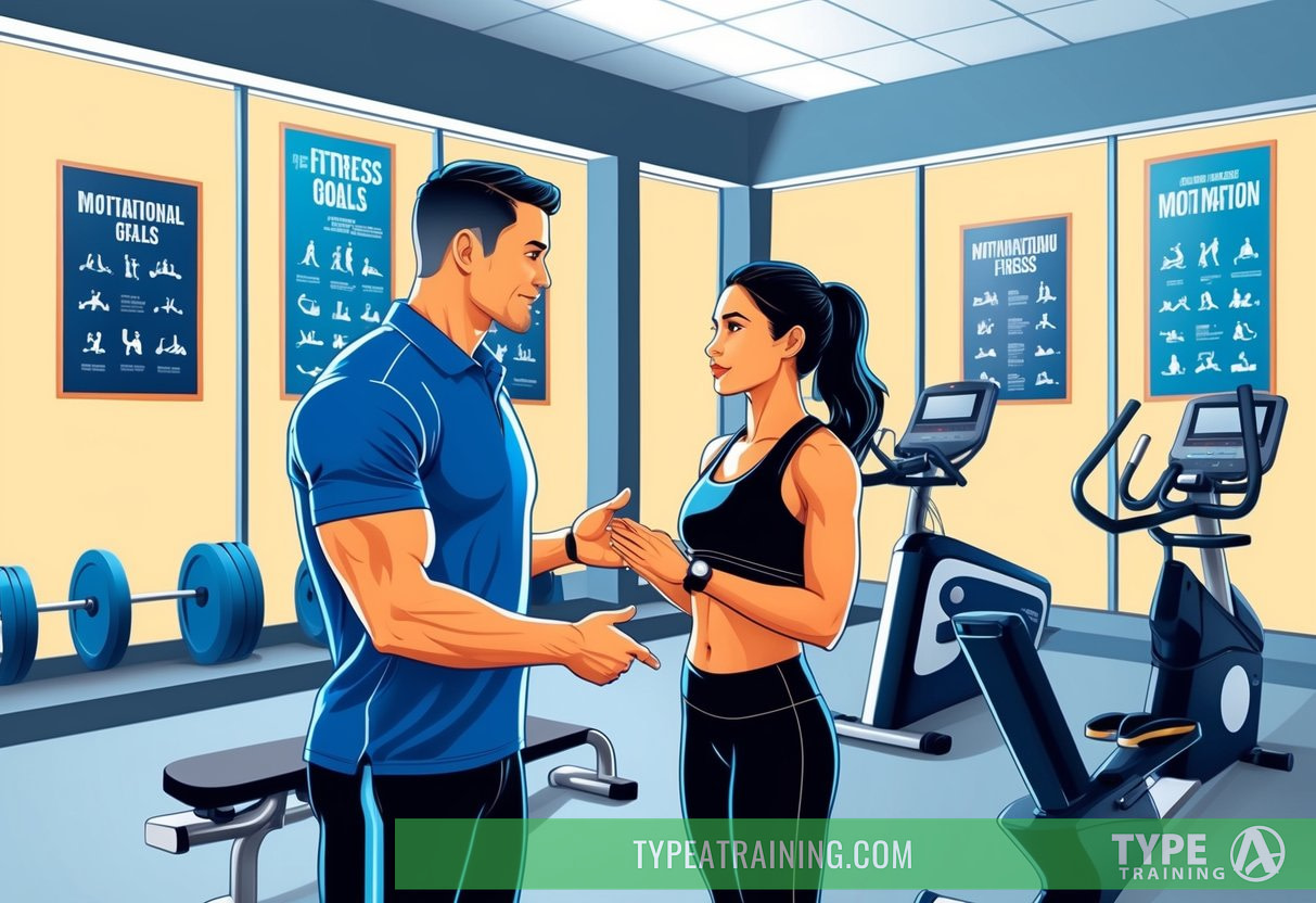 A personal trainer and client discussing fitness goals in a modern gym studio with exercise equipment and motivational posters on the walls
