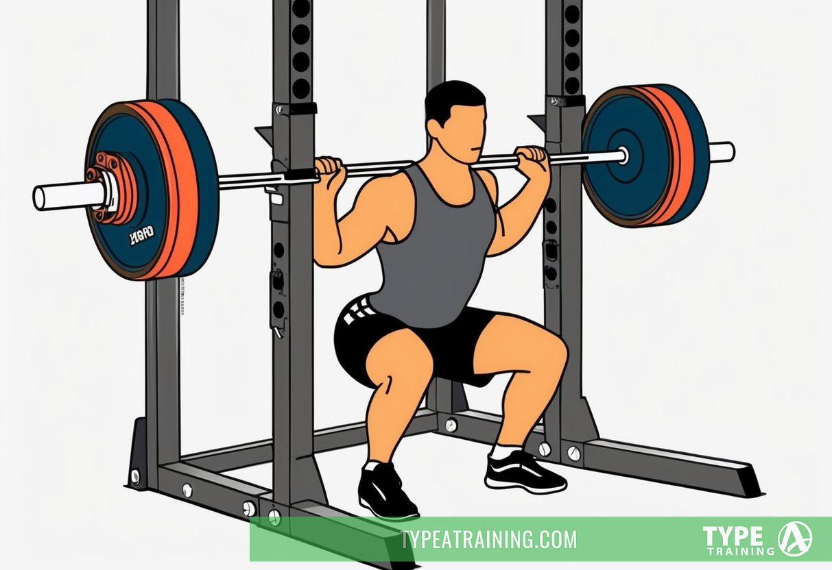 A weightlifting bar loaded with plates, set on a squat rack, with proper form demonstrated by a figure