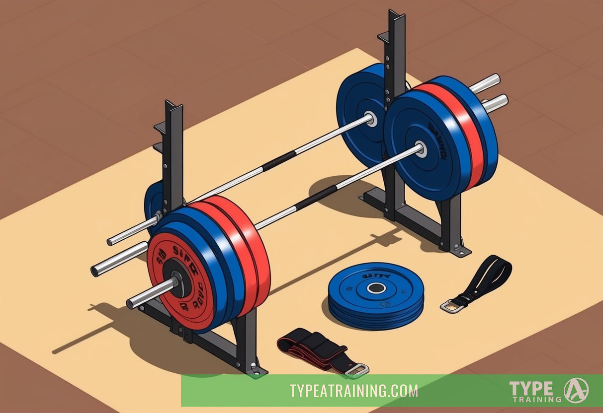 A weightlifting bar loaded with plates, squat rack, and lifting belt on the floor