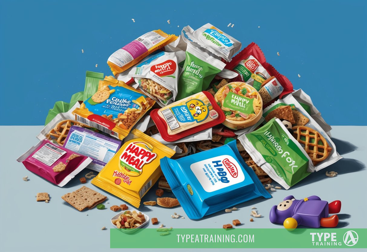 A pile of discarded Happy Meal packaging surrounded by unhealthy food items and a sad, neglected toy