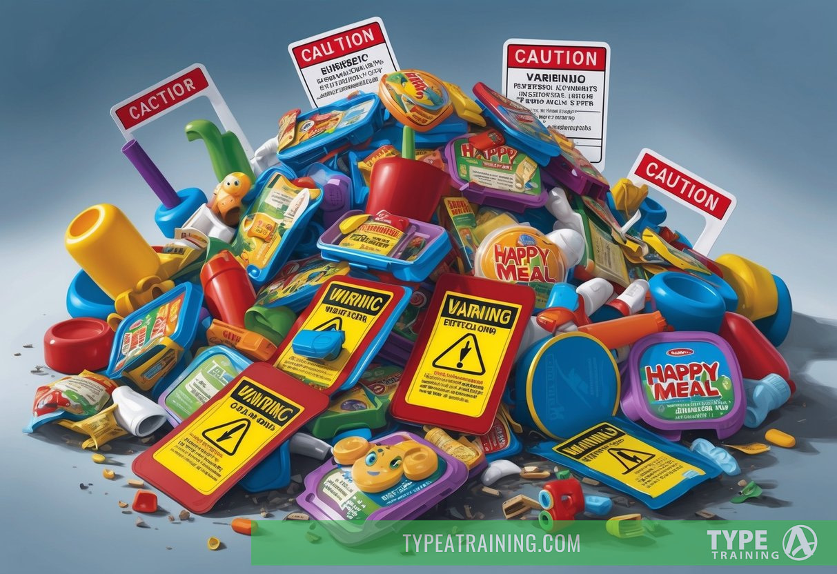 A pile of discarded Happy Meal toys and products, surrounded by warning labels and caution signs