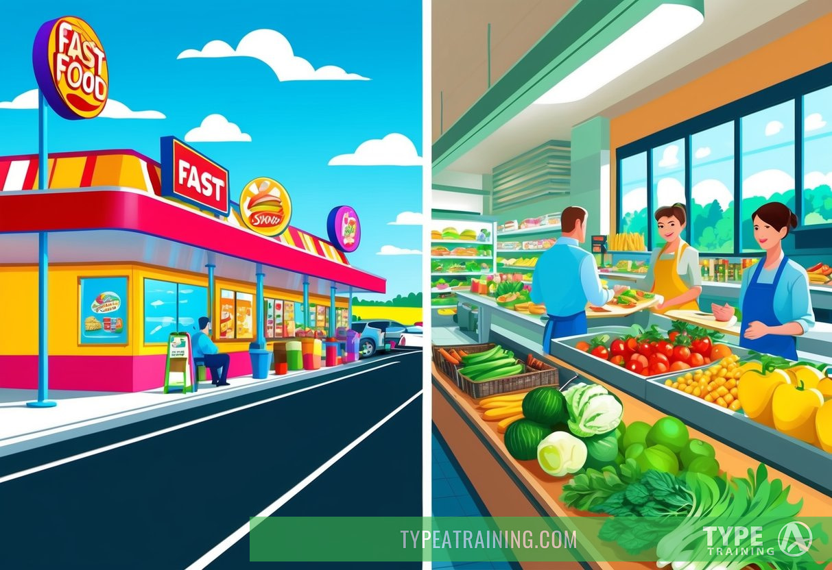 A vibrant, bustling fast food restaurant with colorful signs and a long drive-thru line, contrasted by a serene, organic grocery store with fresh produce and health-conscious customers