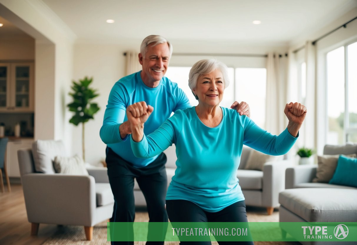 An elderly person exercising with a personal trainer in their home, surrounded by comfortable furniture and natural light