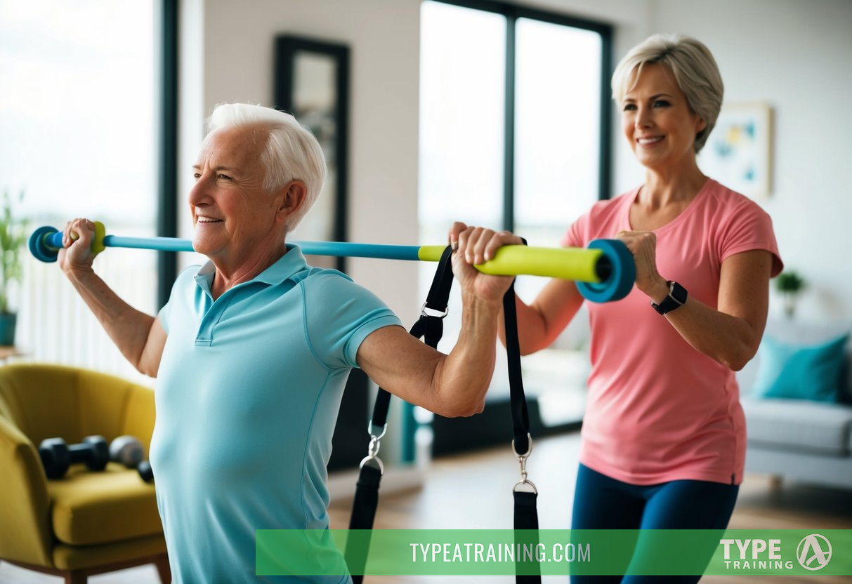 A senior exercising with a personal trainer in their home, using resistance bands and weights, with a focus on strength and balance training