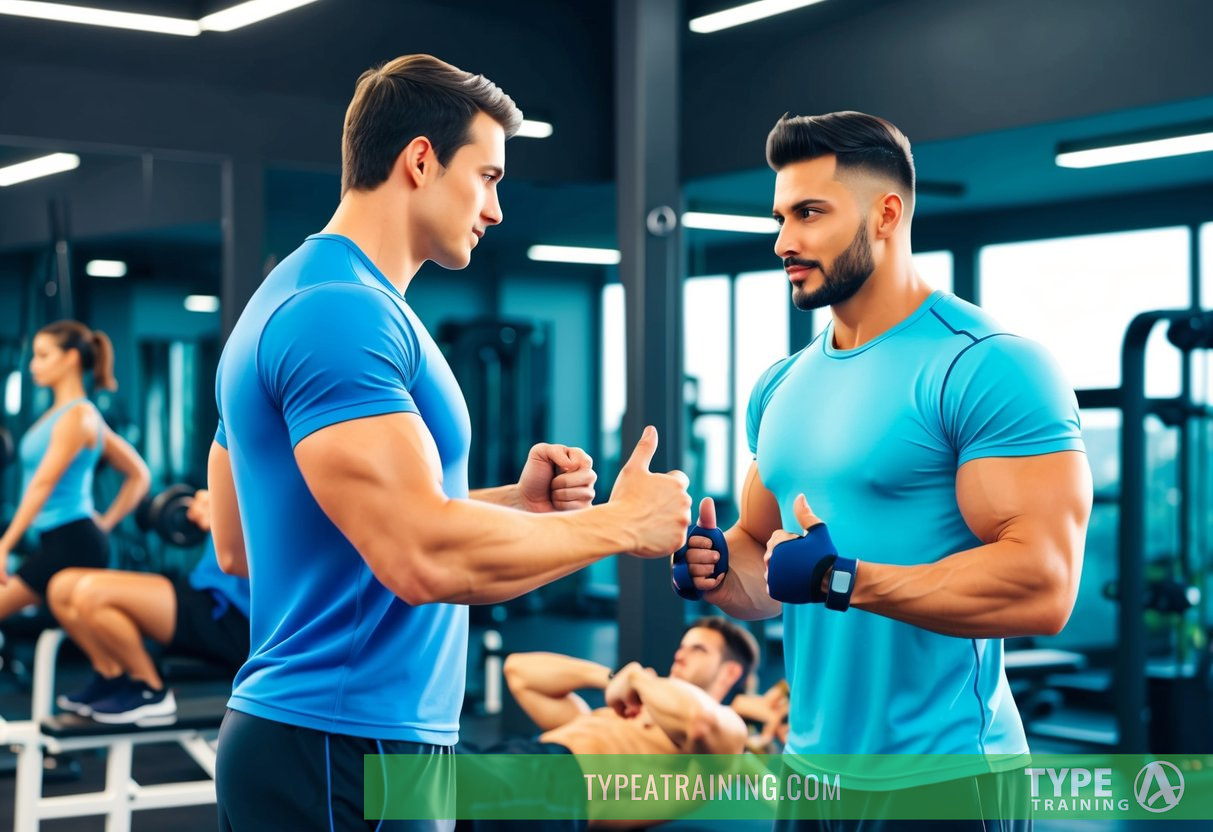 A personal trainer monitors a client's progress and adjusts workouts in a gym setting. The trainer observes the client's form and provides guidance on exercise techniques