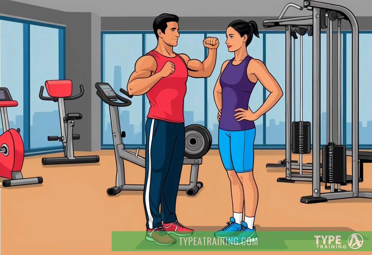 A person and a personal trainer standing in a gym, with various exercise equipment in the background. The trainer is instructing the person on proper form