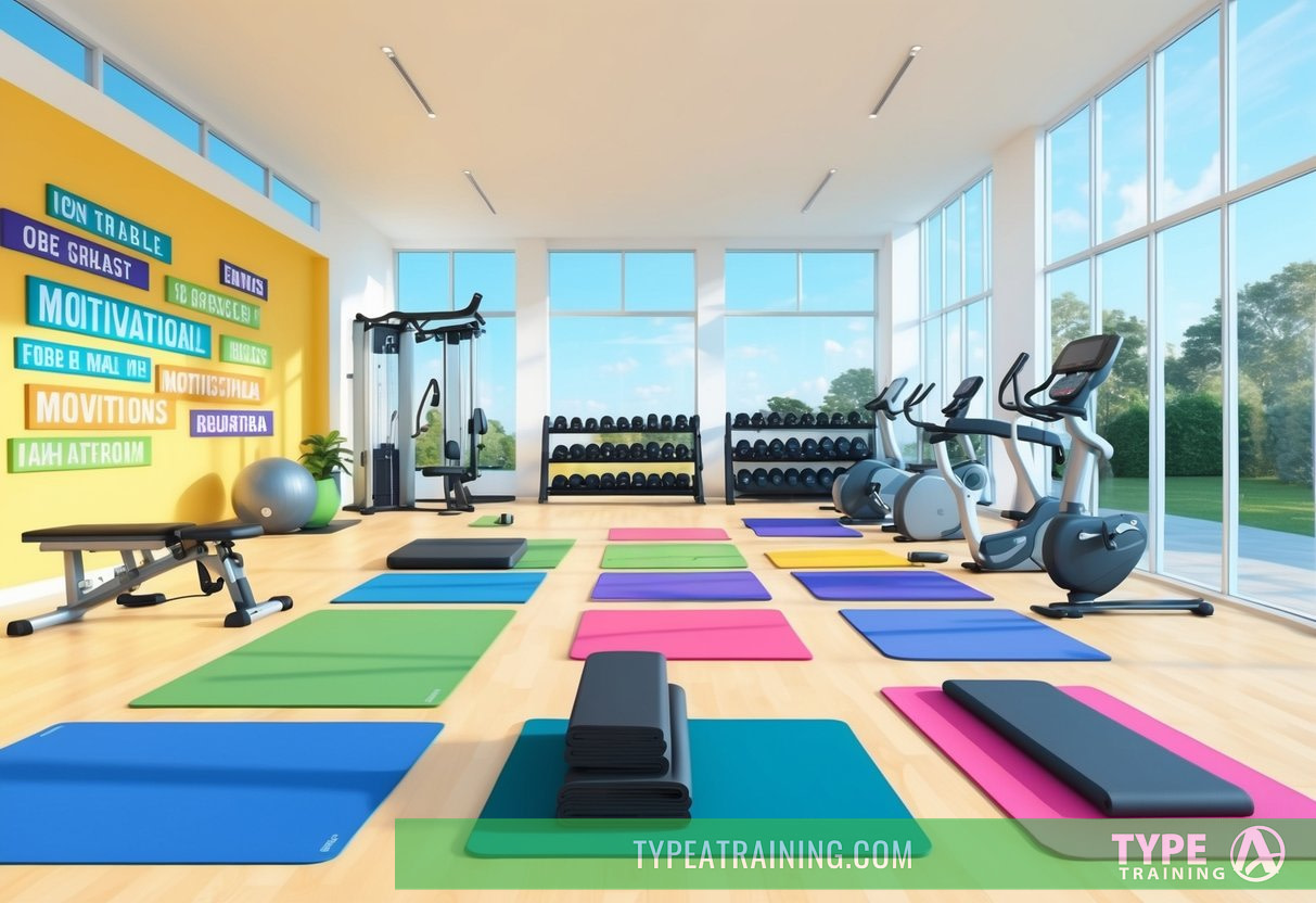 A bright, airy gym with modern equipment and colorful workout mats. An open space for yoga and stretching. A wall of motivational quotes and images