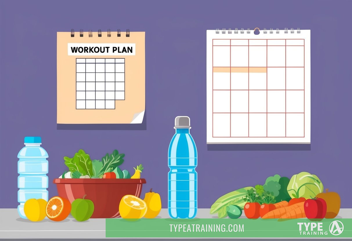 A kitchen counter with fresh fruits, vegetables, and a water bottle. A workout plan and a calendar pinned on the wall