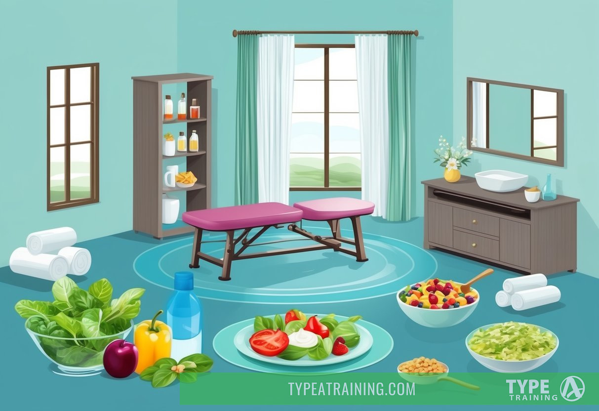 A serene spa setting with exercise equipment and healthy food options for a pre-wedding health and beauty regimen