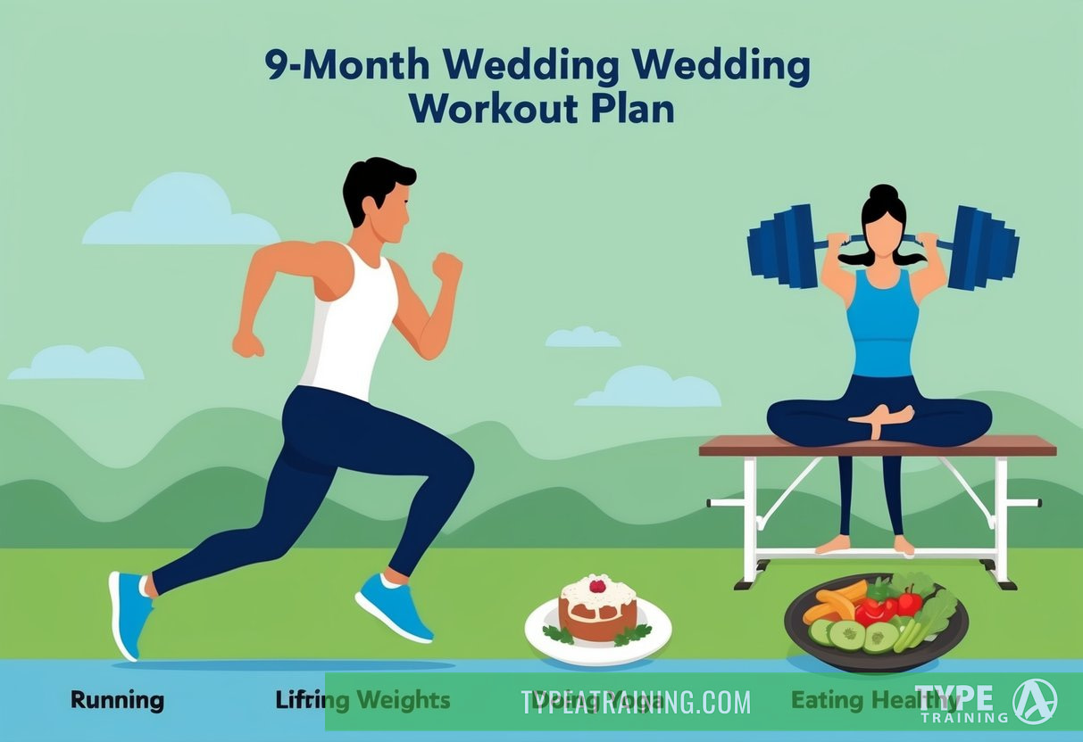 A person following a 9-month wedding workout plan: running, lifting weights, doing yoga, and eating healthy