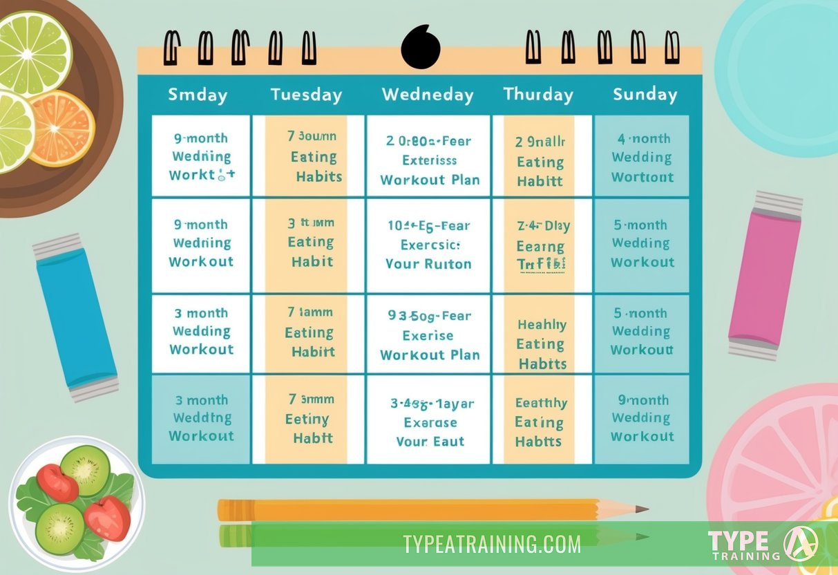 A calendar with daily exercise and healthy eating habits marked for a 9-month wedding workout plan