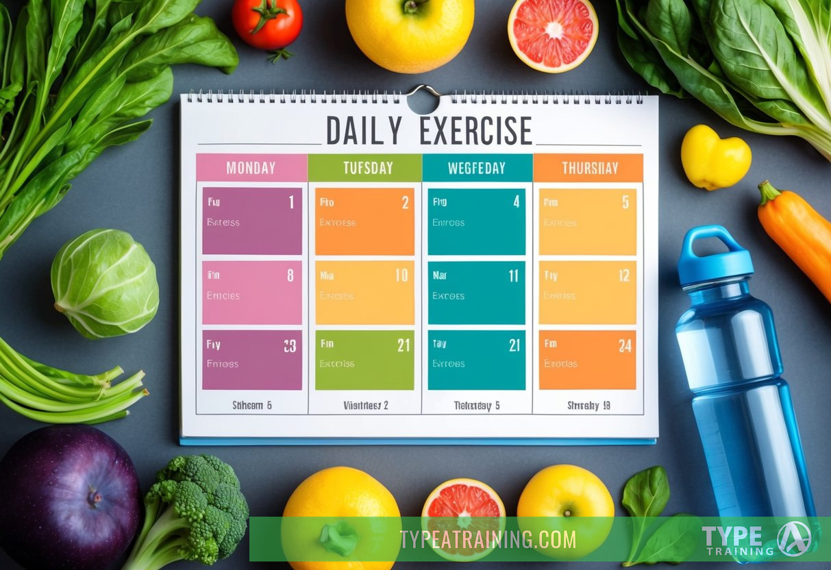 A calendar with daily exercise and meal plan charts, surrounded by fresh fruits and vegetables, a water bottle, and workout gear