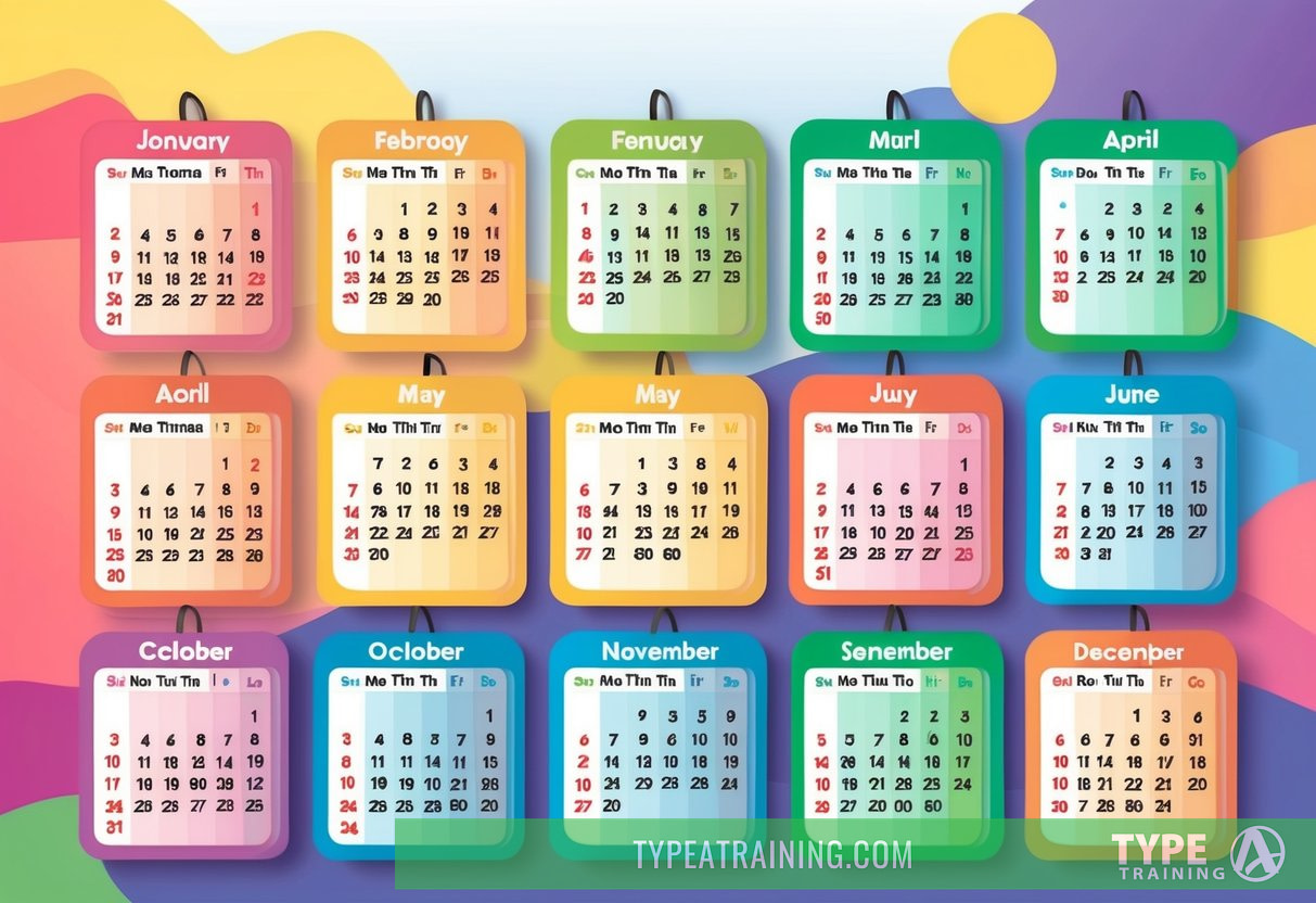 A colorful calendar with healthy activities and exercise routines marked for each day over the course of 9 months