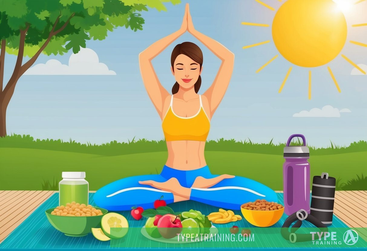 A sunny outdoor setting with a woman doing yoga, surrounded by healthy food and exercise equipment