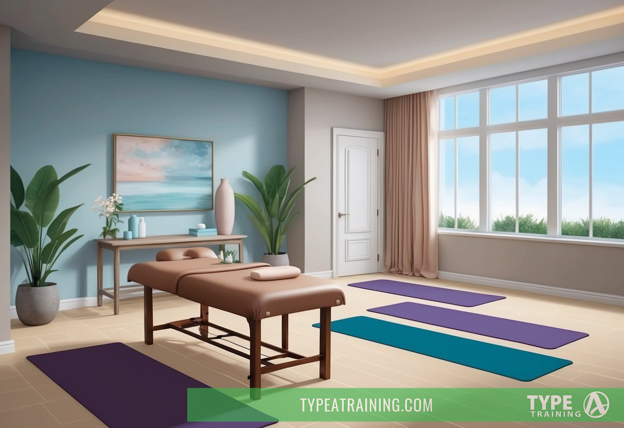 A serene massage room with a massage table and soothing decor, alongside a spacious area with yoga mats for assisted stretching