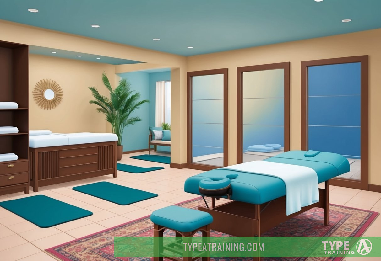 A serene massage room with a massage table and soothing decor, next to a spacious area with mats and equipment for assisted stretching