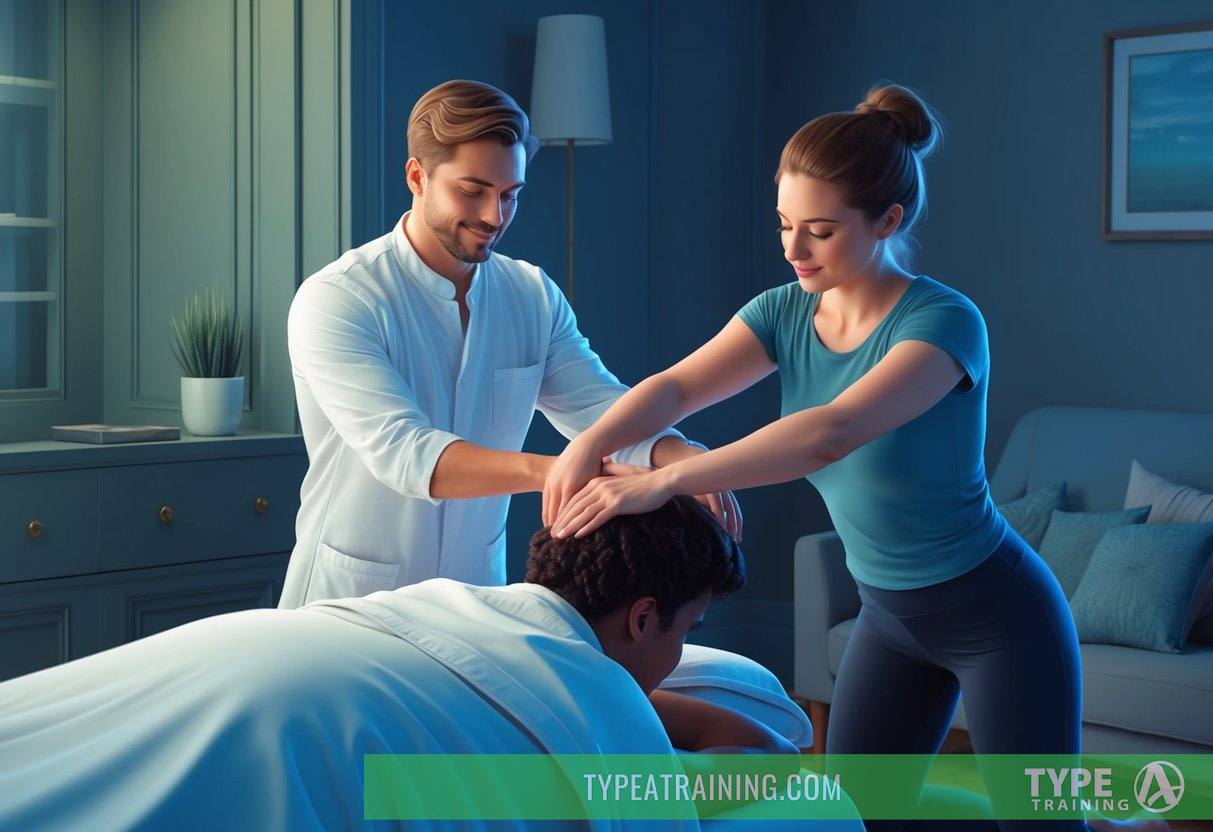 A person receiving a massage and another person receiving assisted stretching in a serene, dimly lit room with soft music playing in the background