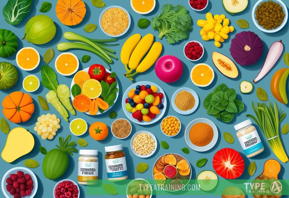 A diverse array of fruits, vegetables, and fermented foods arranged on a table, surrounded by a variety of gut-friendly supplements