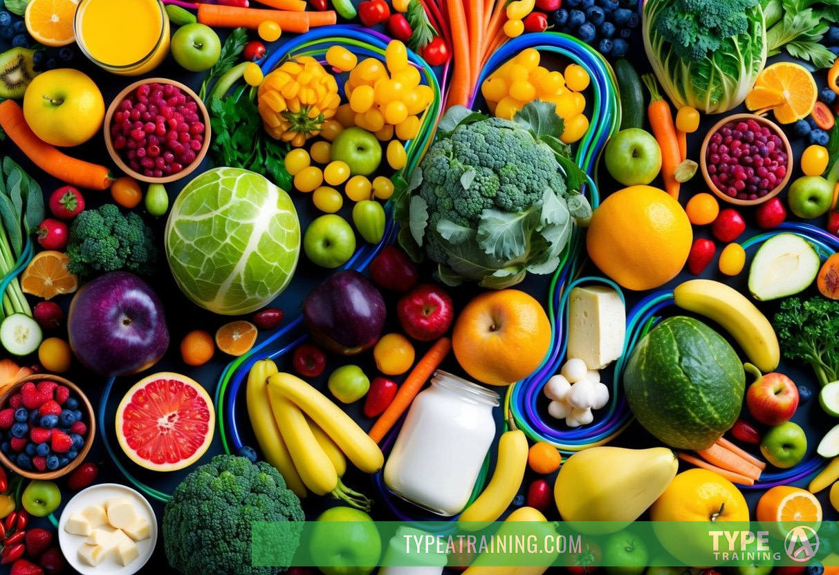 A colorful array of fruits, vegetables, and dairy products, surrounded by vibrant, swirling lines representing the digestive system