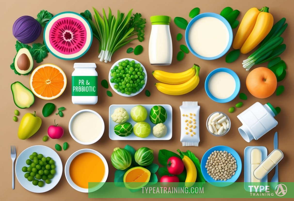 A variety of fruits, vegetables, dairy products, and supplements are arranged on a table, showcasing common food sources for pre and probiotics