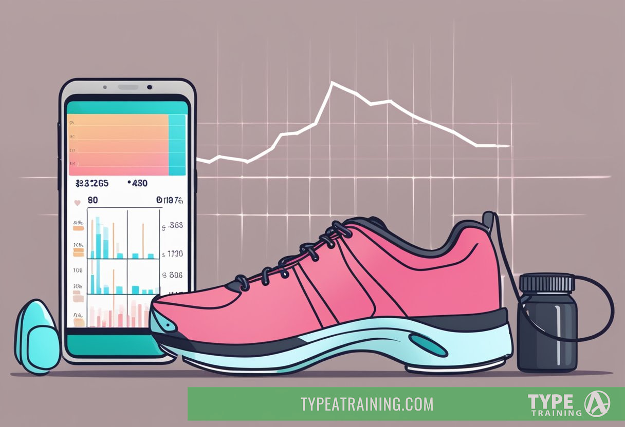 A heart rate monitor displayed next to a water bottle and running shoes, with a graph showing fluctuating heart rate levels during exercise