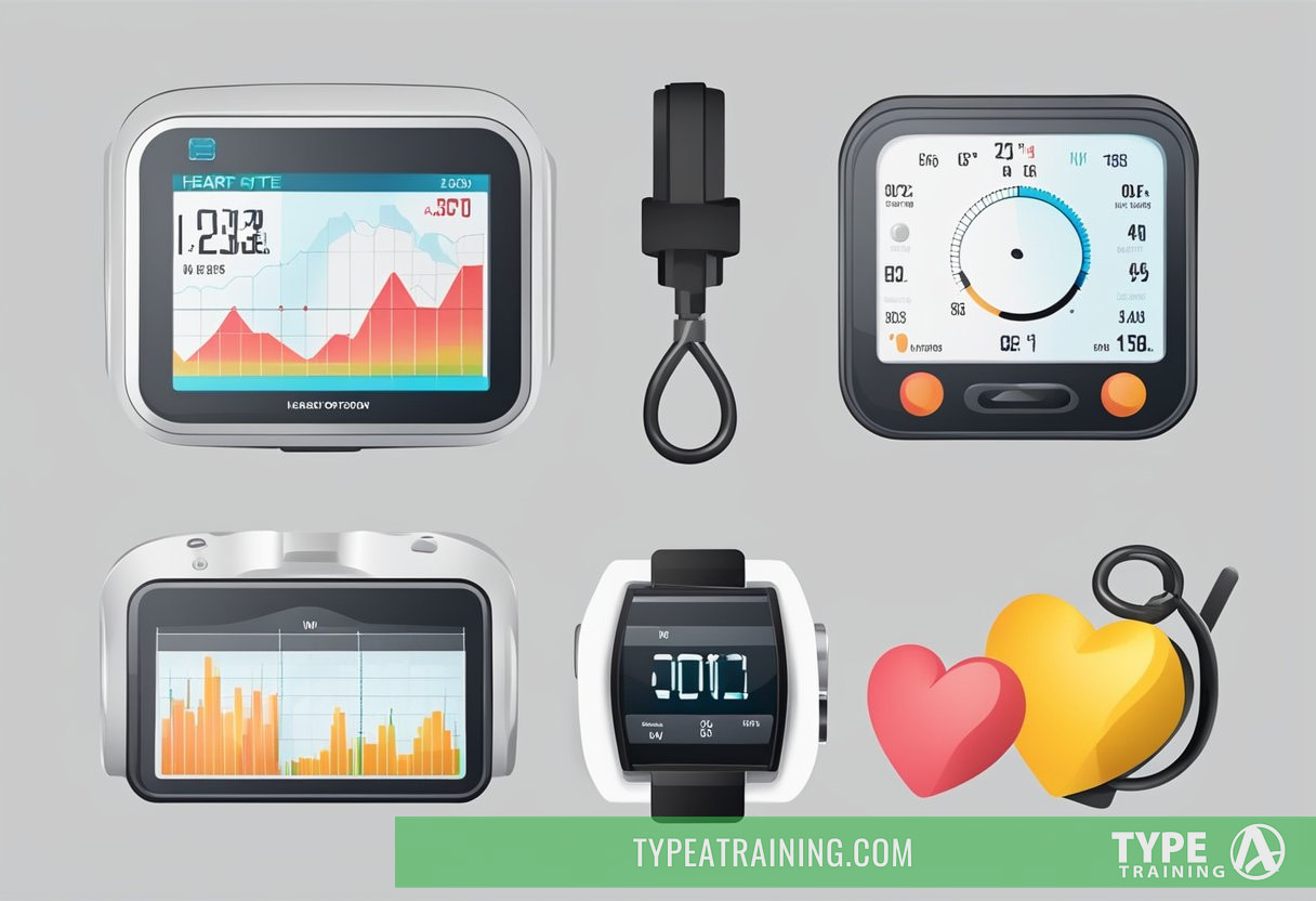 Various heart rate monitors displayed with exercise equipment. Illustrate different types and benefits of using a heart rate monitor