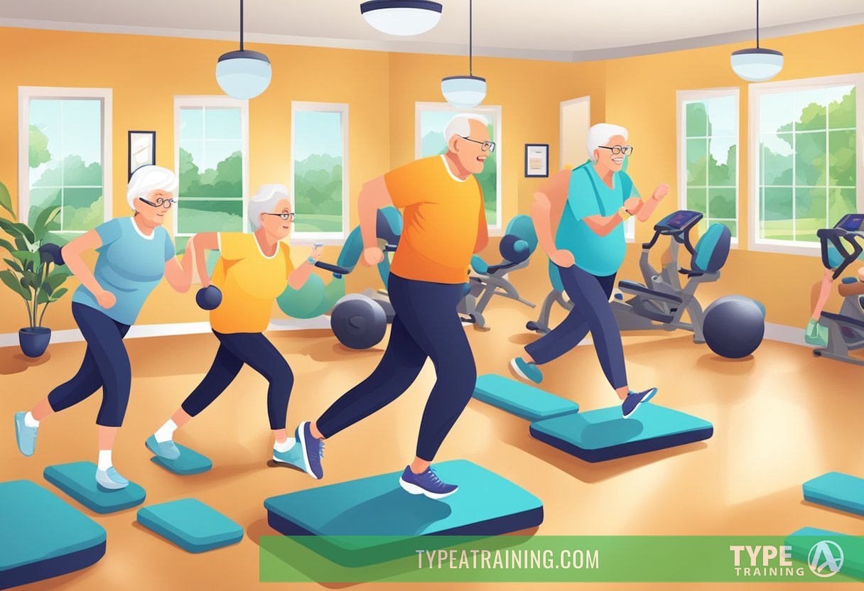 A group of seniors engage in various fitness activities in a vibrant, well-equipped senior living facility, with a focus on wellness and healthy living