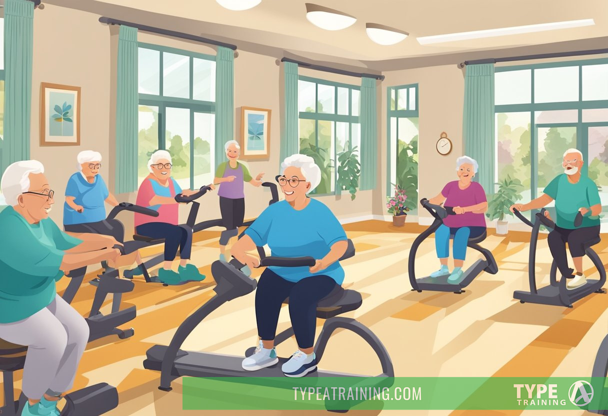 A group of seniors engage in various fitness activities in a bright and spacious common area of the senior living home, with exercise equipment and cheerful decor