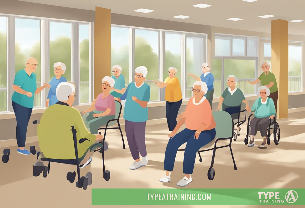 A group of elderly residents engage in light exercise and socialize in a bright, spacious common area. A staff member offers guidance and support, creating a warm and welcoming atmosphere