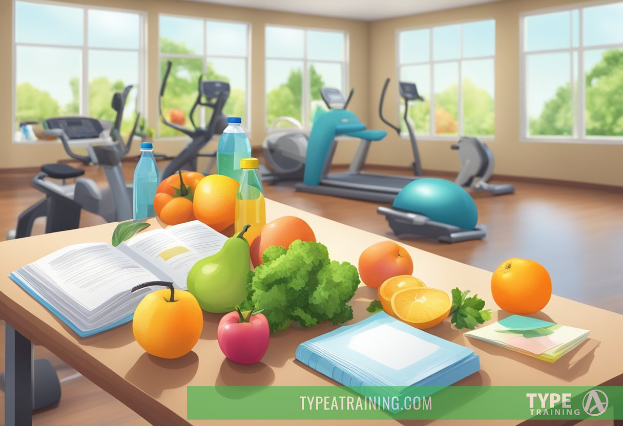 A table with fresh fruits, vegetables, and water bottles, surrounded by exercise equipment and wellness pamphlets in a bright, inviting common area