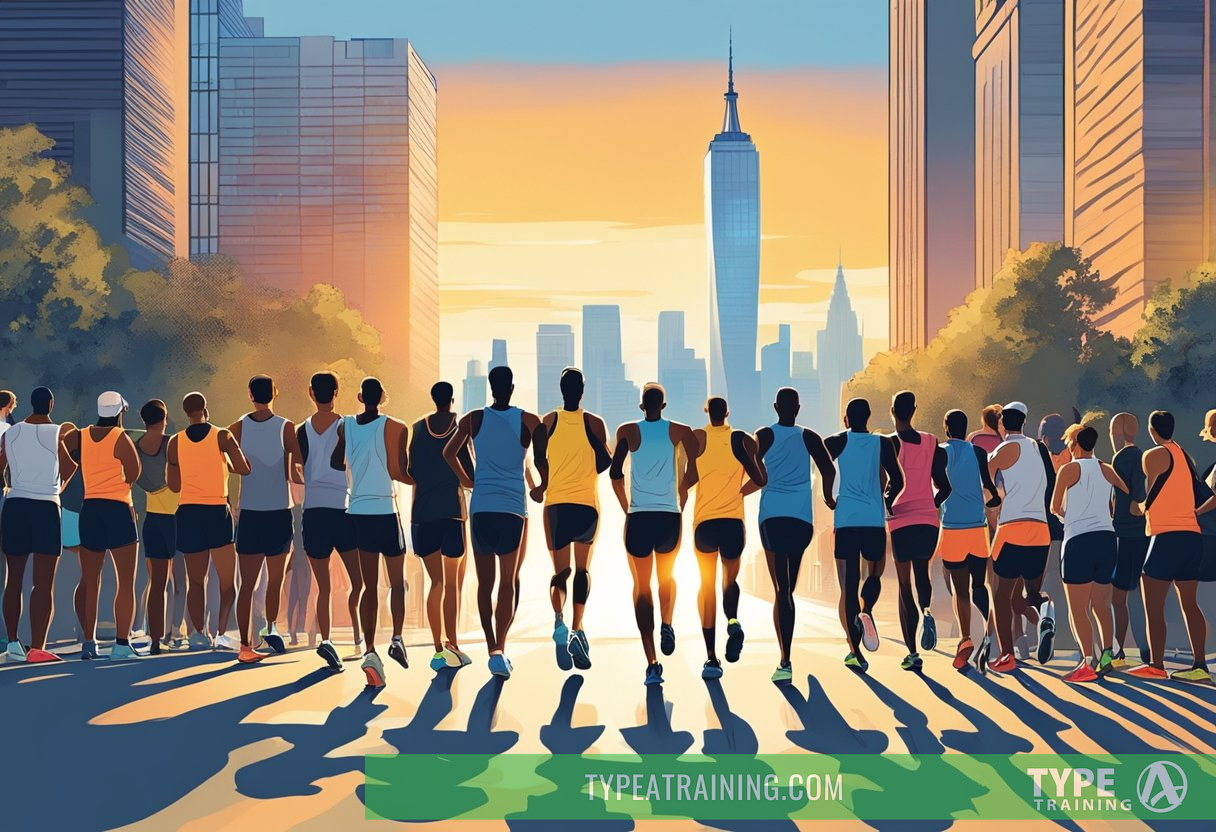 Runners line up at the starting point, eager and determined. The sun rises over the city skyline as they prepare to qualify for the New York Marathon