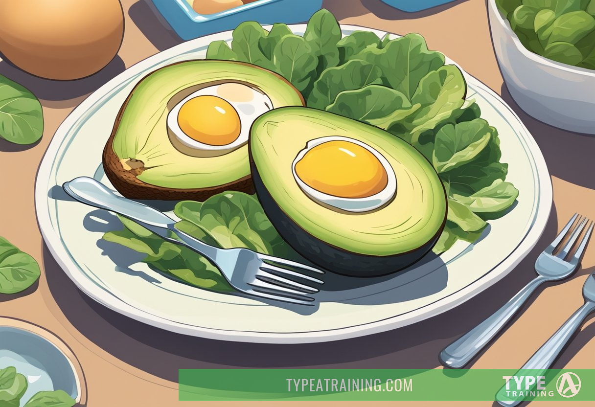 A table set with low-carb (keto friendly), high-fat foods like avocados, eggs, and bacon.