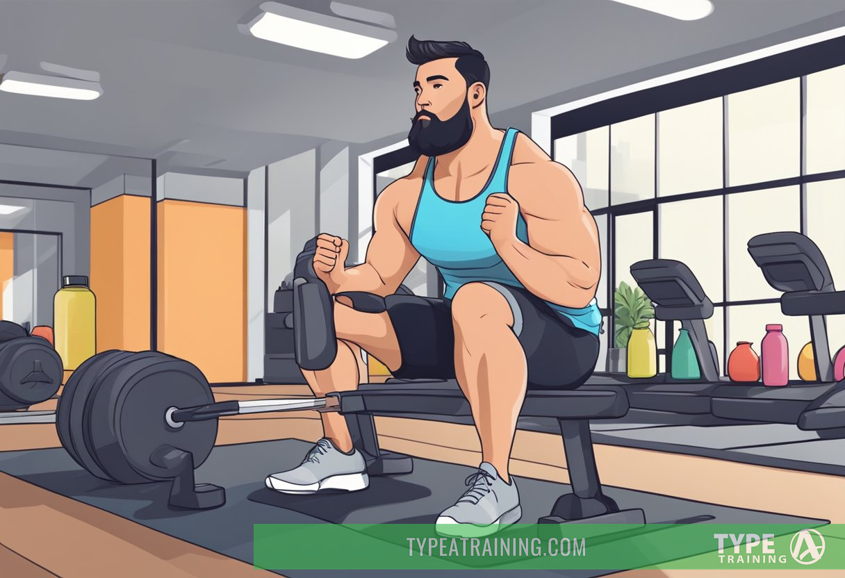 A person is seen working out in a gym, focusing on weightlifting and cardio exercises. They have a water bottle and a keto-friendly snack nearby