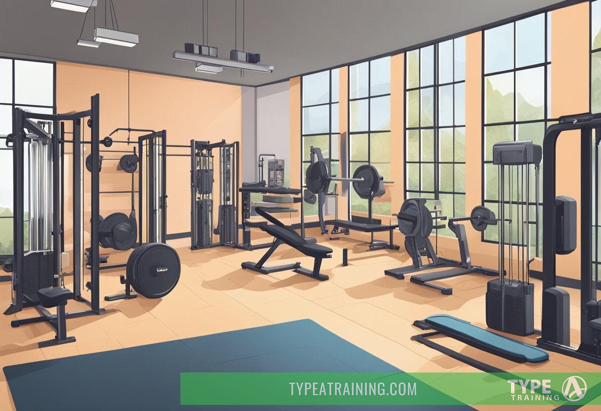 A gym with various equipment and a keto-friendly meal prep station. Trainers adjusting workout plans for weightlifting, cardio, and HIIT