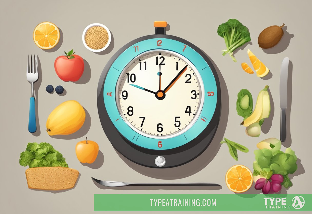 A clock showing the time intervals of fasting and eating, surrounded by healthy food options and a scale showing weight loss progress