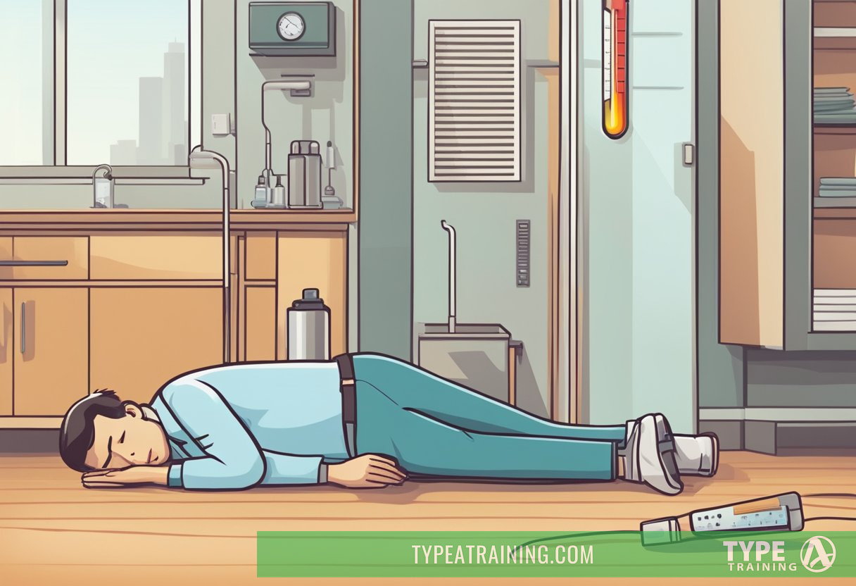 A person collapsed on the ground, flushed and sweating profusely, with a rapid heartbeat and shallow breathing. Nearby, a thermometer shows a high temperature, and the person appears confused and disoriented