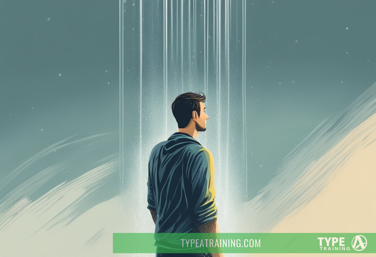 A person stands under a cold shower, feeling refreshed and invigorated. The water cascades over them, awakening their senses and strengthening their willpower