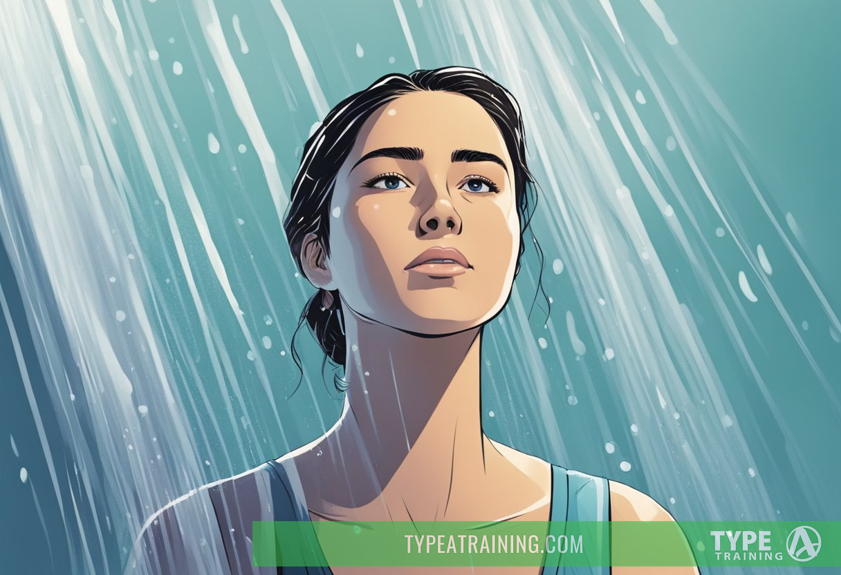 A person standing under a cold shower, eyes wide open, feeling refreshed and alert