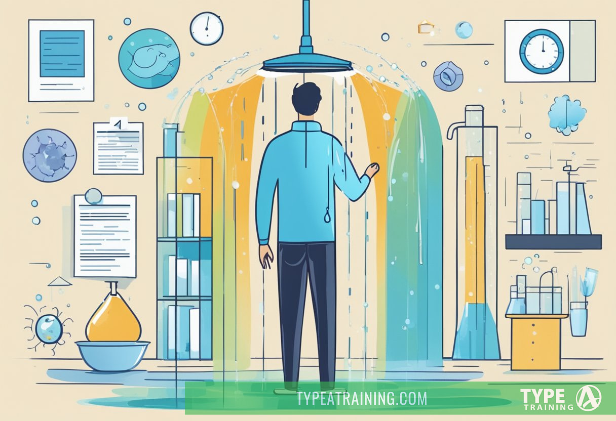 A person standing under a cold shower, surrounded by scientific research papers and graphs showing the 8 benefits of cold showers