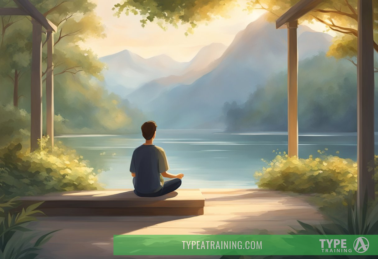 A serene setting with soft, natural lighting. A person sits comfortably, practicing deep, rhythmic breathing. The atmosphere is calm and peaceful, evoking a sense of tranquility and inner peace