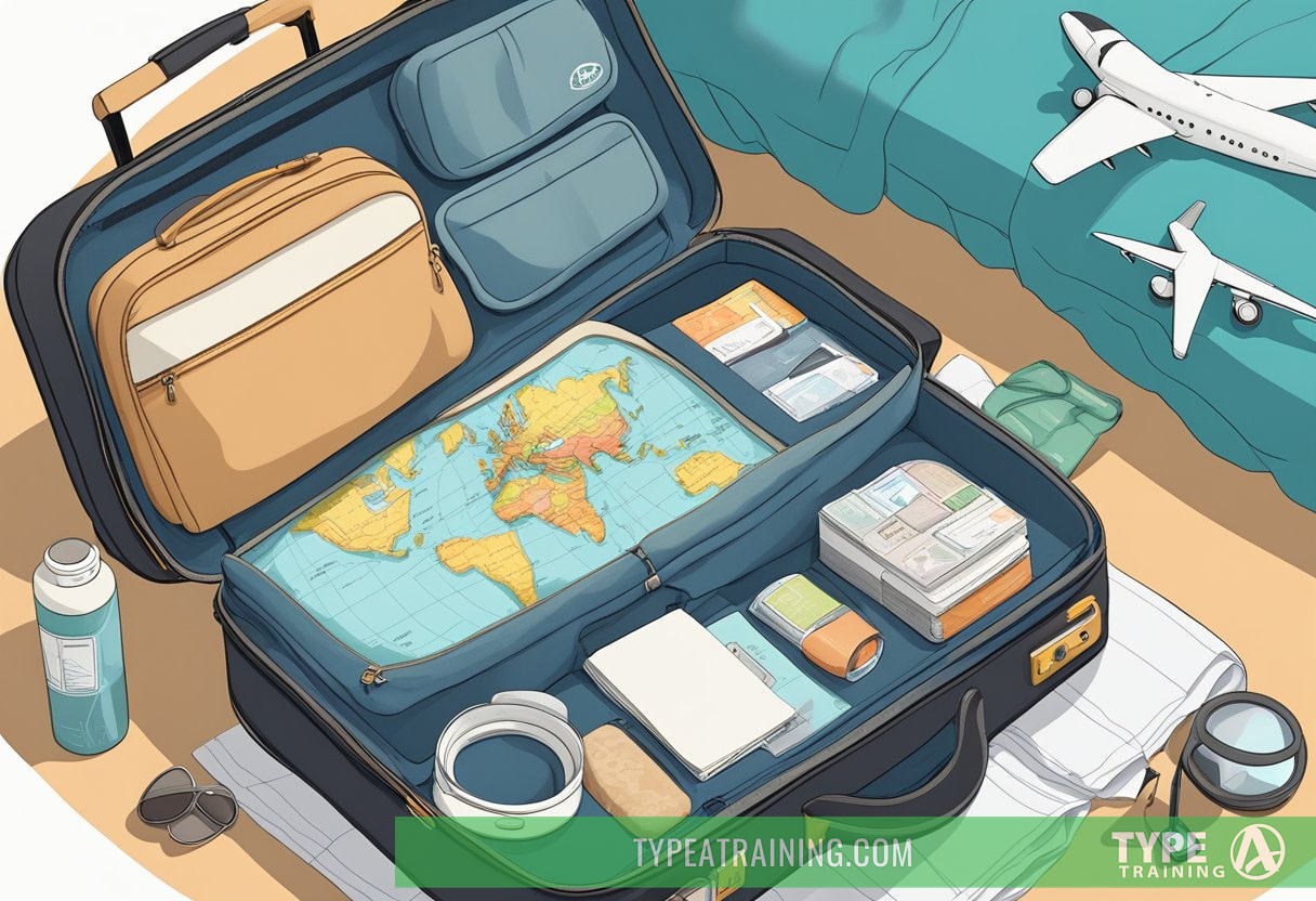 A traveler's suitcase open on a bed, filled with travel essentials like a neck pillow, eye mask, and travel-sized toiletries. A world map and a jet lag recovery plan are laid out next to it
